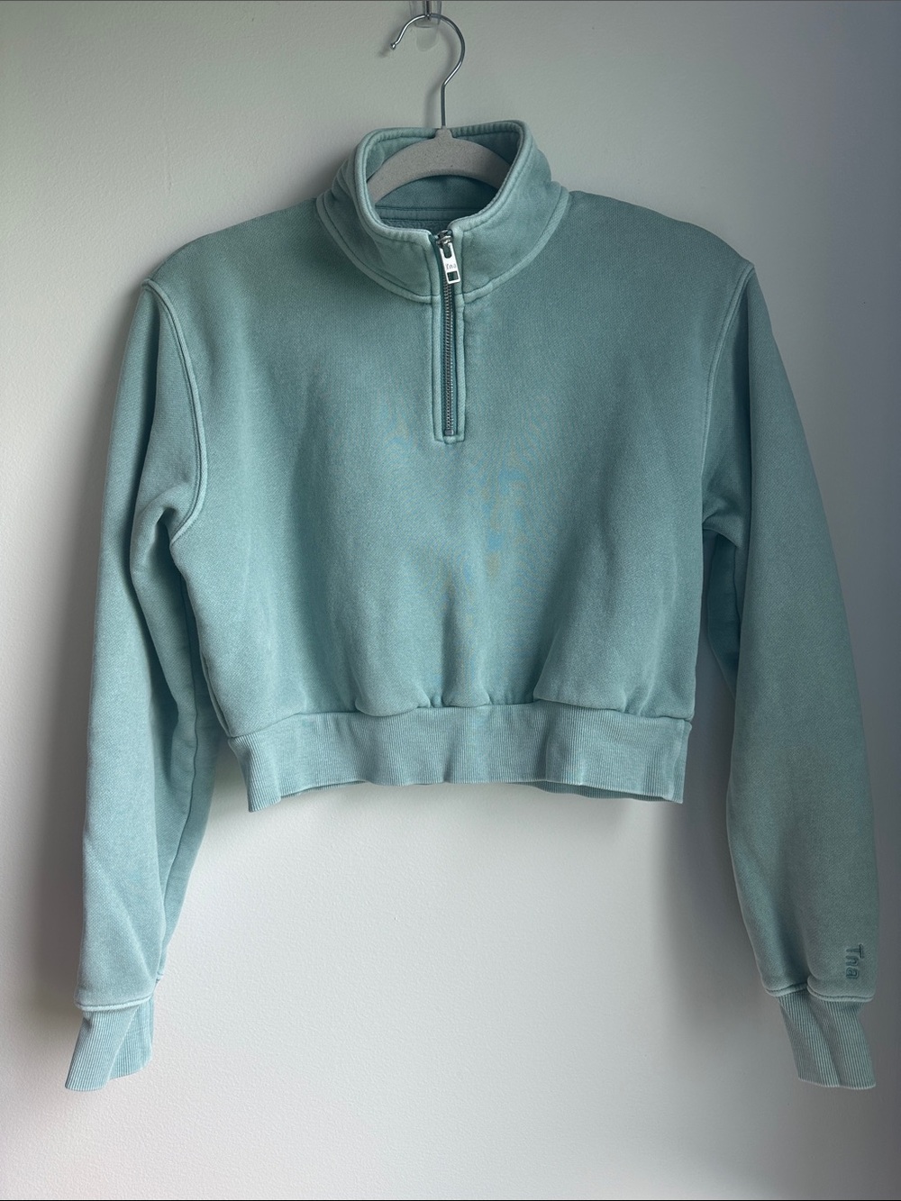 TNA Cozy AF Cropped Quarter-Zip Pullover Sweatshirt in Light Aqua